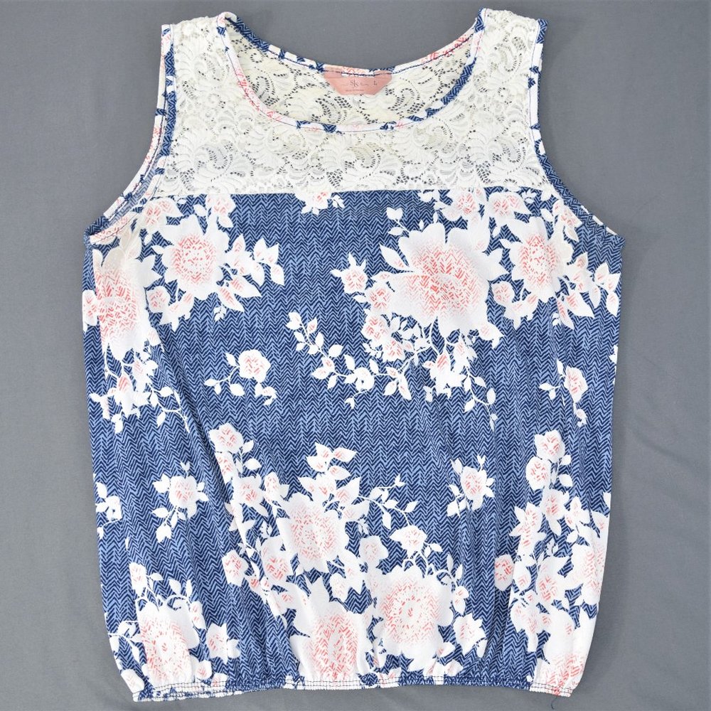 SJS Summer Tank Top Blouse Shirt Sheer Lace Floral Chevron Blue Coral Orange L